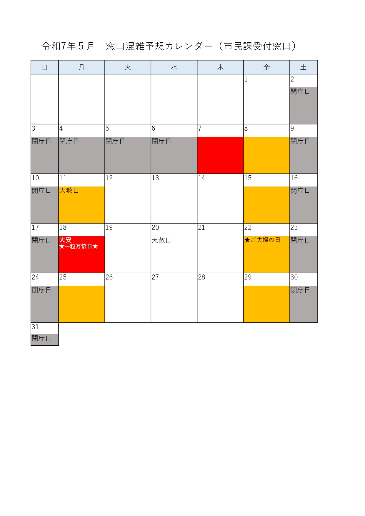 混雑予想カレンダー5月