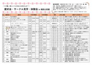 愛好会・サークル体験会 参加団体一覧表（3月27日現在）その1