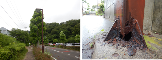 鉄製の街路灯柱と腐食して出来た穴の画像